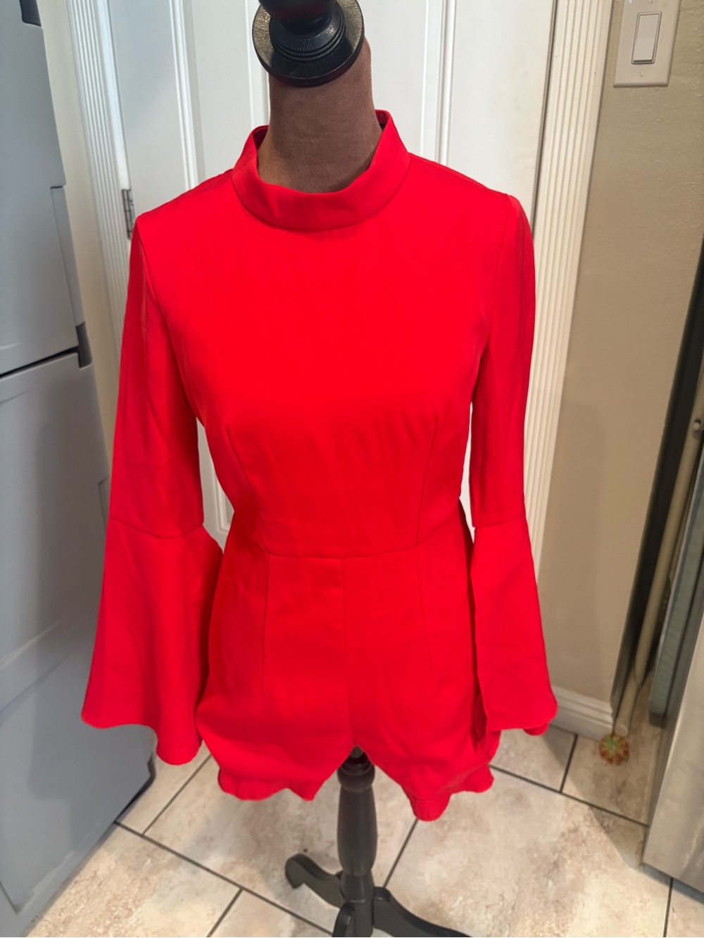 Women’s Red Scallop-Hem Romper with Bell Sleeves